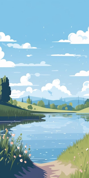 Flat Vector Illustration Of Reservoir On A Sunny Day