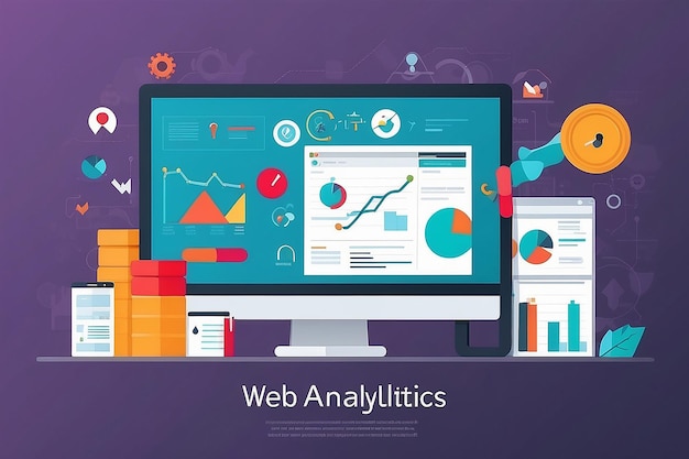 Flat vector illustration of web analytics information and development website statistic