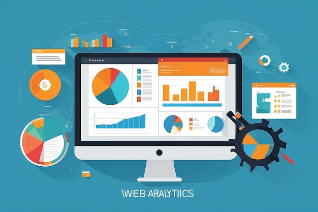 Photo flat vector illustration of web analytics information and development website statistic