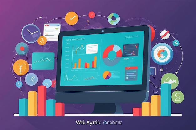 Photo flat vector illustration of web analytics information and development website statistic