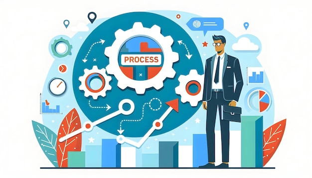 Photo flat vector of isolated gear and chart with the word process concept as a vector design featuring a