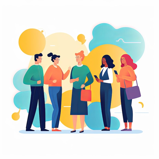 flat vector style illustration a diverse group of people talking and collaborating