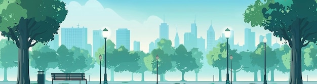 Photo flat vector urban park with benches and trees city skyline background illustration