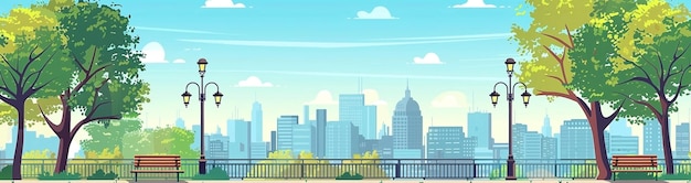 Photo flat vector urban park with benches and trees city skyline background illustration