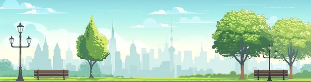 Photo flat vector urban park with benches and trees city skyline background illustration