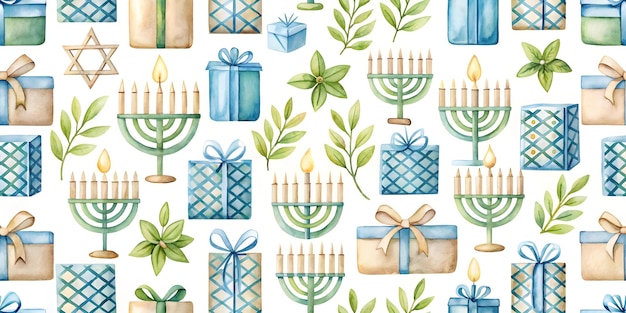 Photo flat watercolor seamless tiles featuring ecofriendly hanukkah candles made from soy wax modern ze