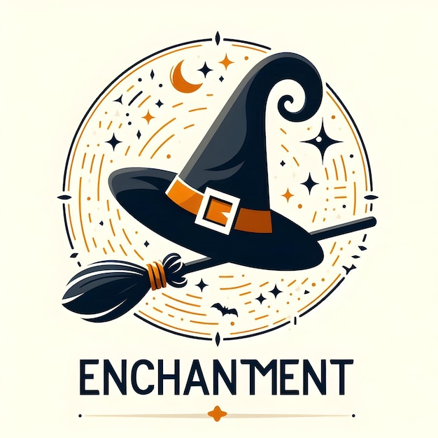 Photo flat witch hat and broom with enchantment text concept as a sleek isolated vector featuring a witch