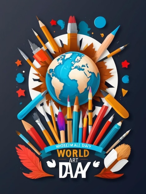 Flat world art day vertical poster template with artistic tools