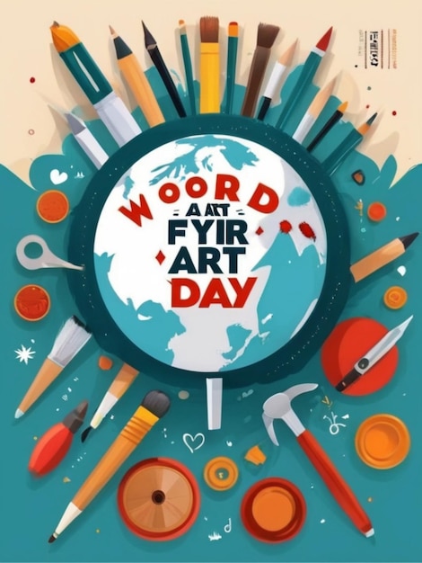 Flat world art day vertical poster template with artistic tools