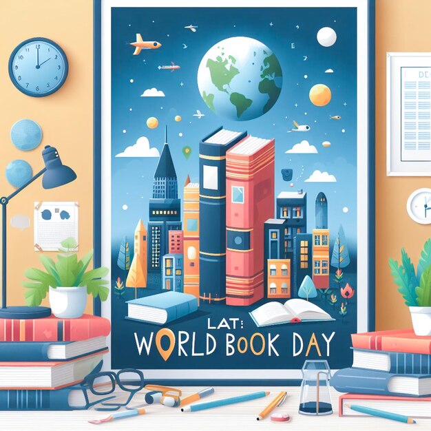 Flat world book day vertical poster template