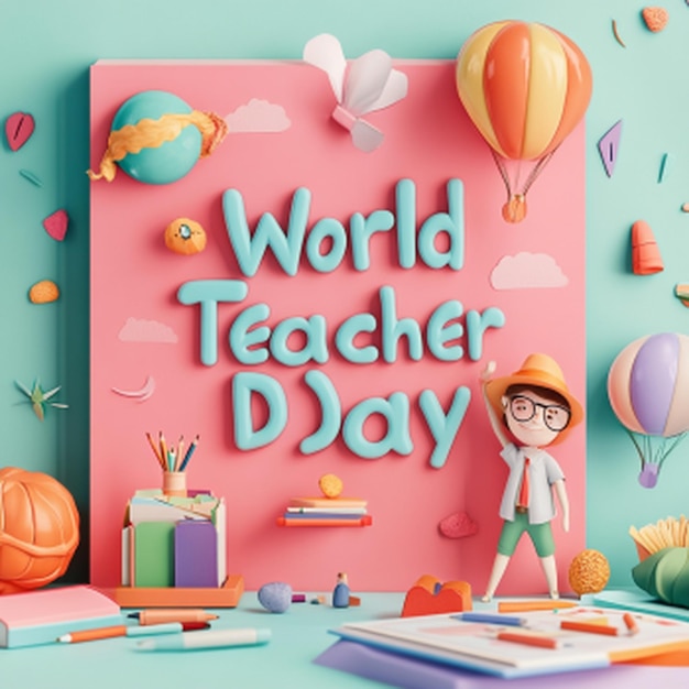 Photo flat world teacher day vertical 3d poster template in the word world teacher day