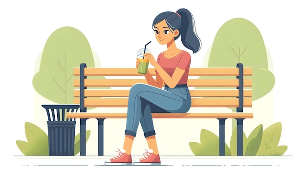 Photo flat young woman enjoying a smoothie while sitting on a park bench concept as a candid shot of a you