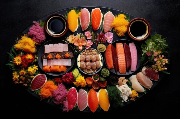 Flatlay of assorted sushi on a black stone plate created with generative ai