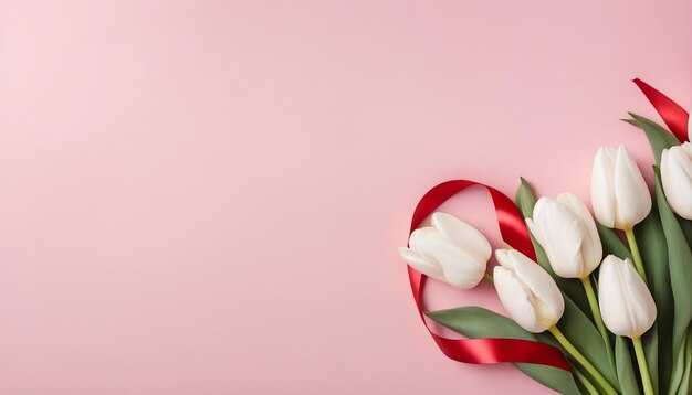 Flatlay beautiful bouquet of white tulips tied with a red ribbon isolated