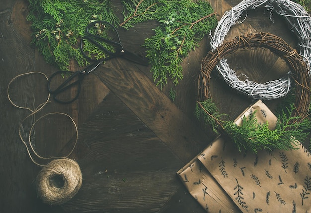 Flatlay of Christmas and New Year decoration materials top view