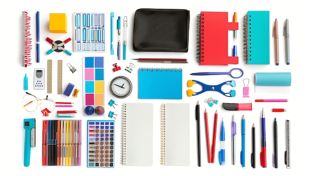 Photo a flatlay of colorful school supplies including notebooks pens pencils and other stationery items