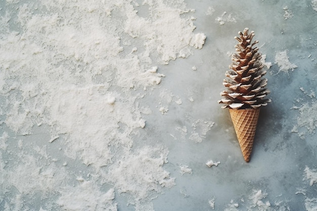 flatlay cone with snow christmas tree and pine cone on textured background