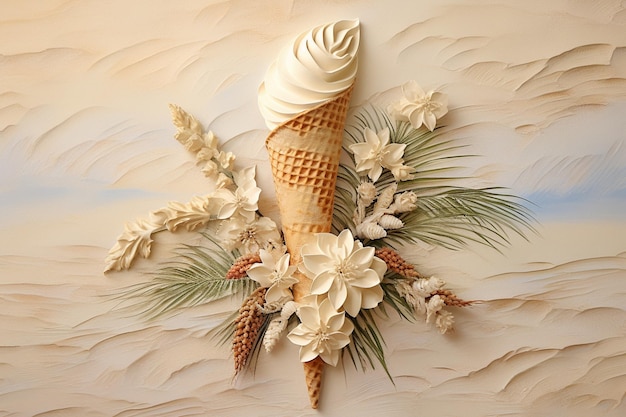 Flatlay cream cone with palms and seashells on textured background