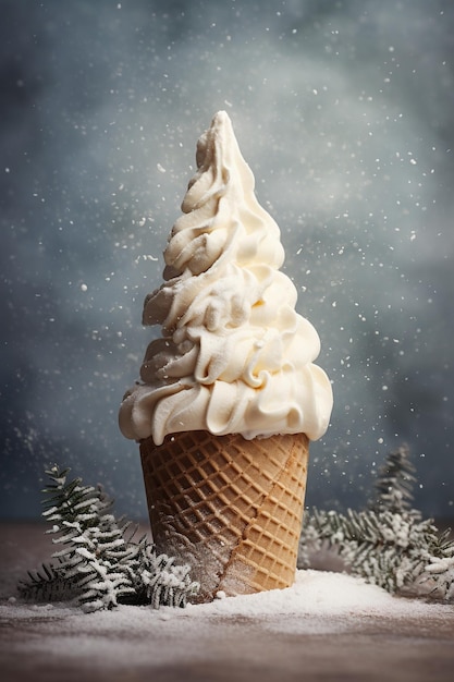 Flatlay cream cone with snow and christmas tree on textured background