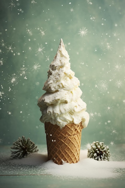 Flatlay cream cone with snow and christmas tree on textured background