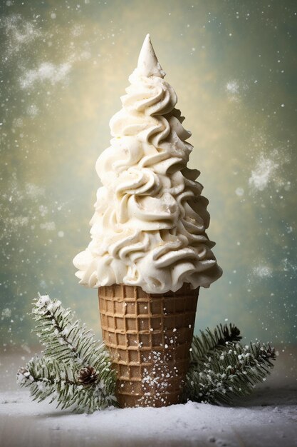 Flatlay cream cone with snow and christmas tree on textured background