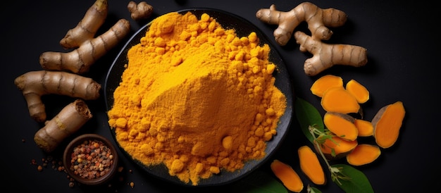 Flatlay image of turmeric powder and fresh turmeric containing curcumin arranged on a black background