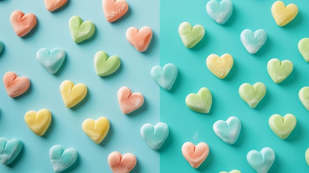 flatlay mockup made of multicolored sugar hearts on a turquoise background in the fo Generative AI