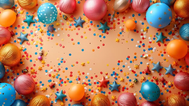 Flatlay mockup with a vibrant assortment of American independence daythemed party suppliesincluding balloonsconfettiand decorative elements