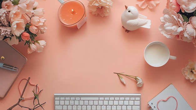 Photo flatlay of a pink background with a white bird flowers a keyboard candles and a notepad