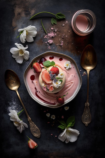 Flatlay rose panna cotta with strawberry compote Illustration AI Generative