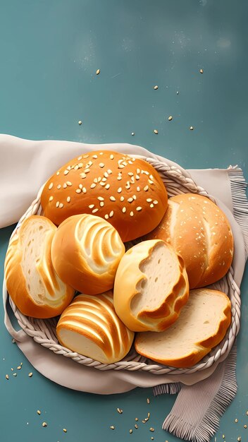 Flatlay shot of a bunch of breads in a basket