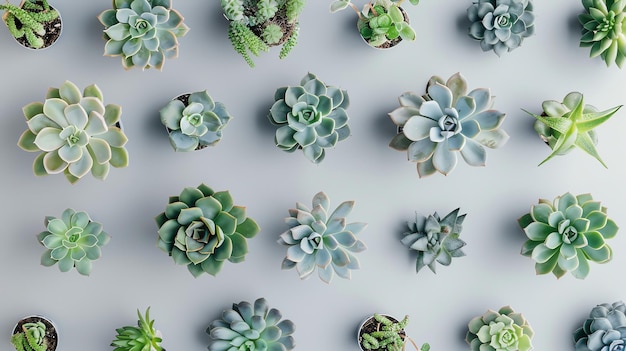 A flatlay of succulents arranged in a grid pattern on a light blue background