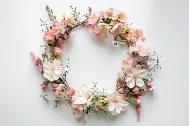 flatlay top view photo of spring flowers wreath on white background bronze gold soft pink colors aft