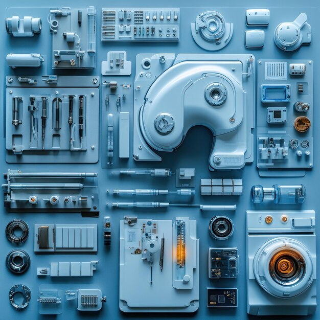 Photo a flatlay of various futuristic white and blue mechanical parts on a blue background