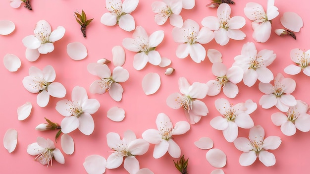 Photo flatlay of white almond blossoms and petals on pink for spring wallpaper