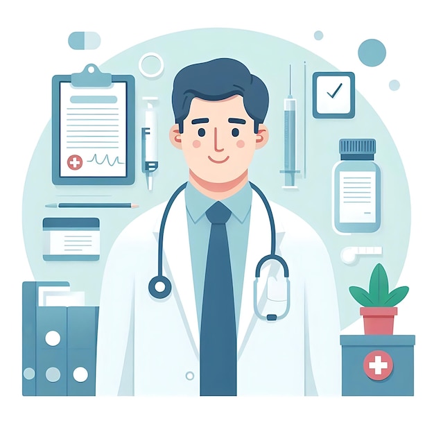 A flatstyle illustration of a doctor standing confidently in medical attire perfect for healthcare