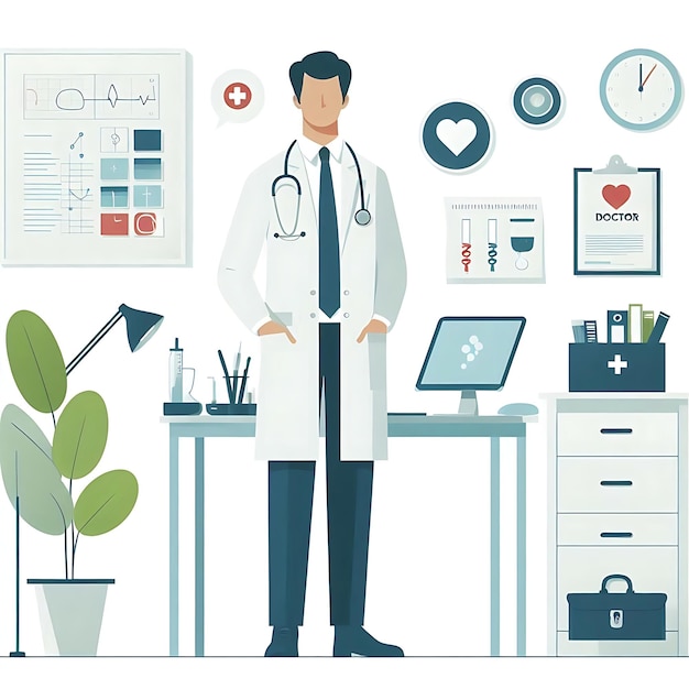 Photo a flatstyle illustration of a doctor standing confidently in medical attire perfect for healthcare