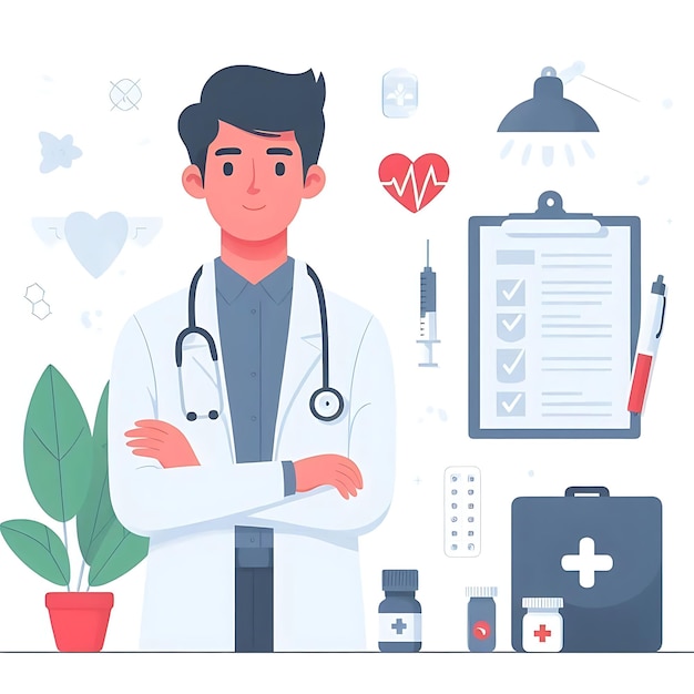 Photo a flatstyle illustration of a doctor standing confidently in medical attire perfect for healthcare