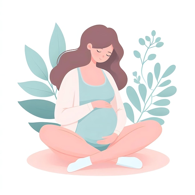 Photo flatstyle illustration of a pregnant woman standing gracefully surrounded by soft leaves ideal for