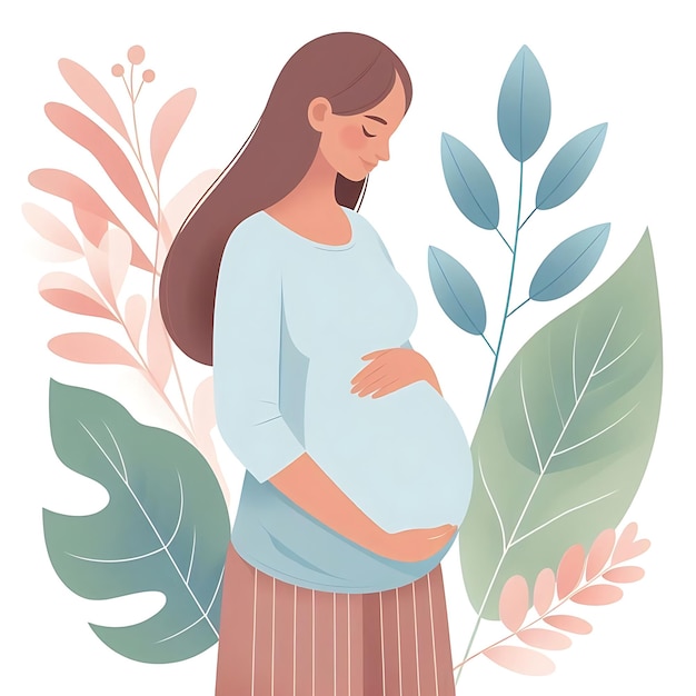 Photo a flatstyle illustration of a pregnant woman standing gracefully surrounded by soft leaves ideal for