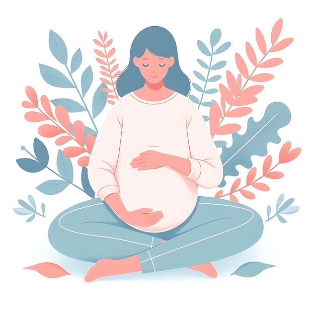 Photo flatstyle illustration of a pregnant woman standing gracefully surrounded by soft leaves ideal for