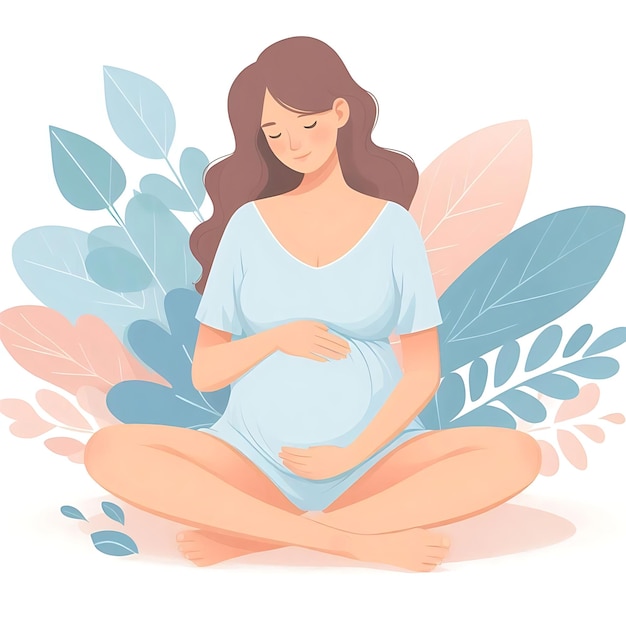 Photo flatstyle illustration of a pregnant woman standing gracefully surrounded by soft leaves ideal for