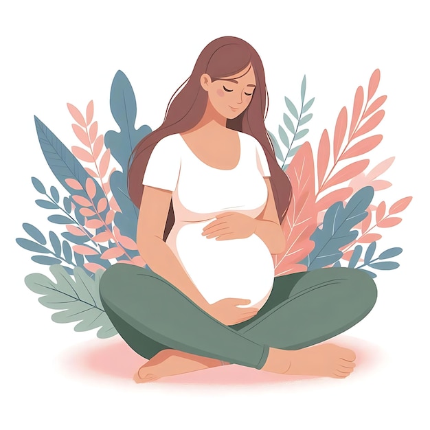 Photo flatstyle illustration of a pregnant woman standing gracefully surrounded by soft leaves ideal for