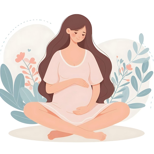 Flatstyle illustration of a pregnant woman standing gracefully surrounded by soft leaves ideal for