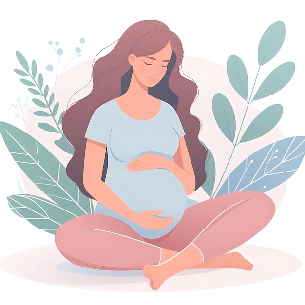 Flatstyle illustration of a pregnant woman standing gracefully surrounded by soft leaves ideal for