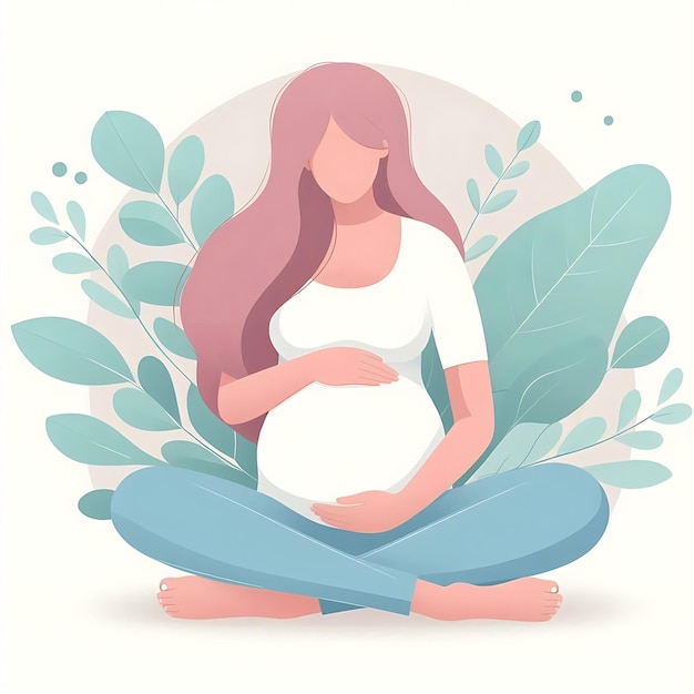 Photo flatstyle illustration of a pregnant woman standing gracefully surrounded by soft leaves ideal for