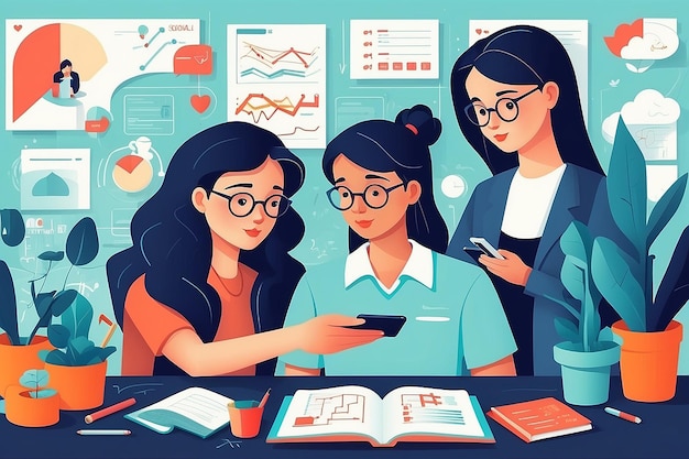 a flatstyle illustration of students using AI algorithms to analyze social behavior in psychology experiments vector illustration in flat style