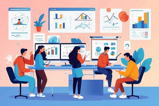 a flatstyle illustration of students using AI algorithms to analyze social behavior in psychology experiments vector illustration in flat style