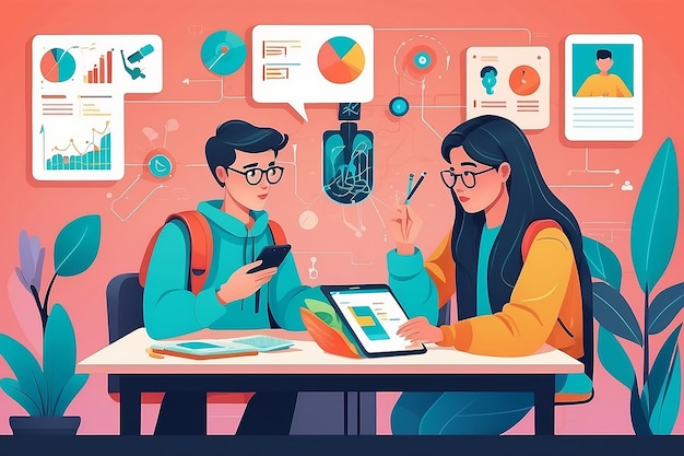 a flatstyle illustration of students using AI algorithms to analyze social behavior in psychology experiments vector illustration in flat style