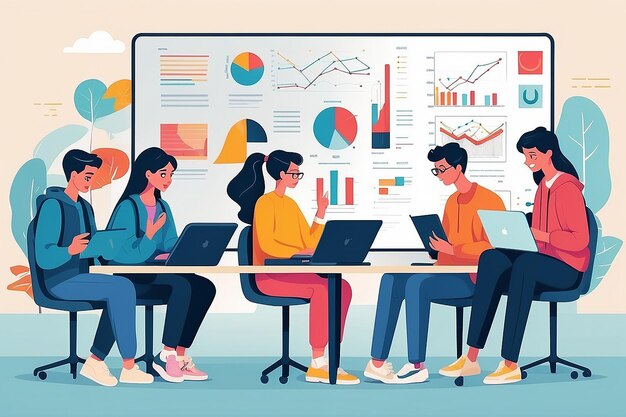 a flatstyle illustration of students using AI algorithms to analyze social behavior in psychology experiments vector illustration in flat style